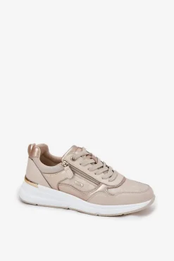 Skórzane Buty Sportowe Sneakersy Damskie Z Zamkiem Beżowe Lilimia