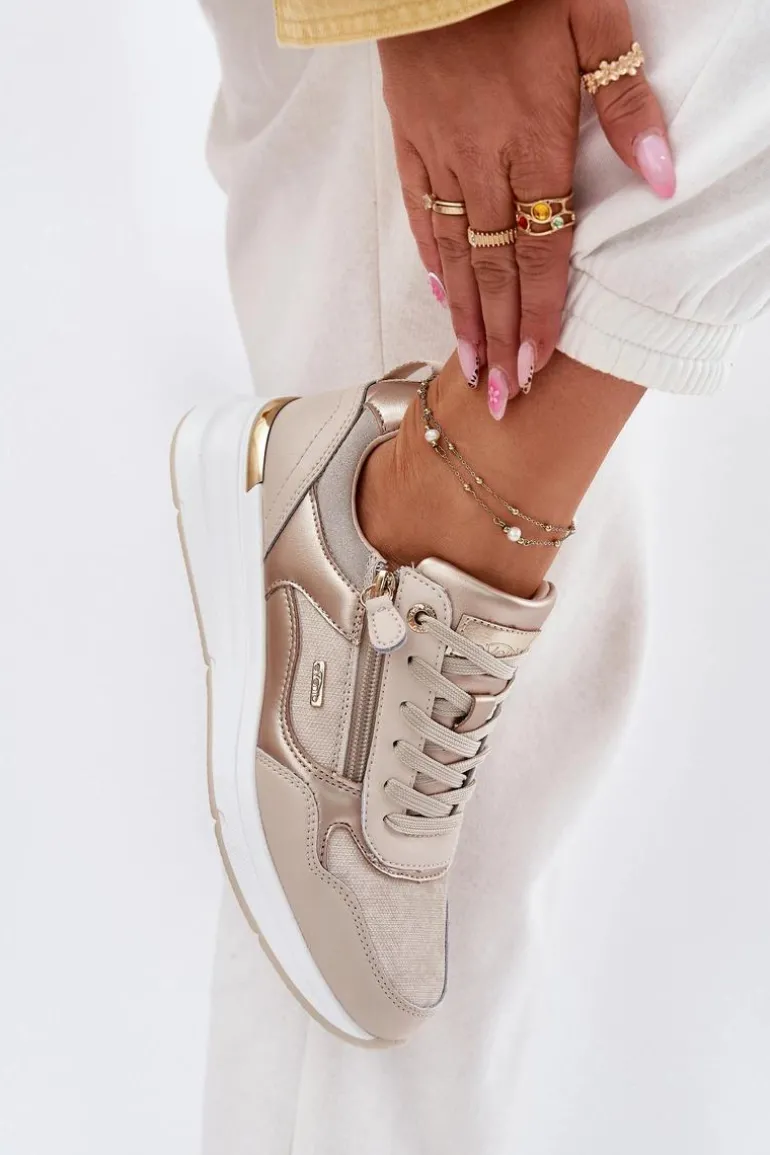 Skórzane Buty Sportowe Sneakersy Damskie Z Zamkiem Beżowe Lilimia
