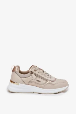 Skórzane Buty Sportowe Sneakersy Damskie Z Zamkiem Beżowe Lilimia