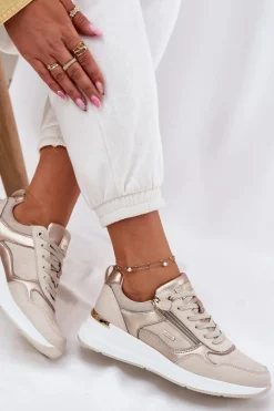 Skórzane Buty Sportowe Sneakersy Damskie Z Zamkiem Beżowe Lilimia