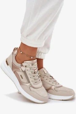 Skórzane Buty Sportowe Sneakersy Damskie Z Zamkiem Beżowe Lilimia
