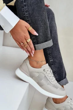 Skórzane Buty Sportowe Sneakersy Damskie S.Barski LR51-551 Beżowe