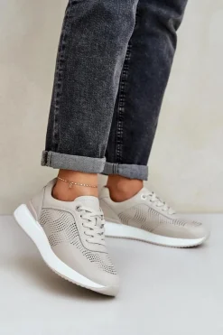 Skórzane Buty Sportowe Sneakersy Damskie S.Barski LR51-551 Beżowe