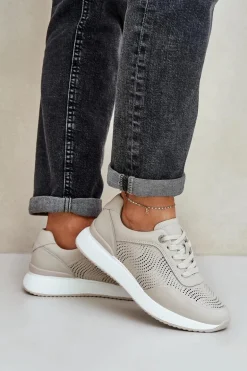 Skórzane Buty Sportowe Sneakersy Damskie S.Barski LR51-551 Beżowe