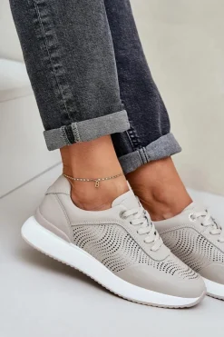 Skórzane Buty Sportowe Sneakersy Damskie S.Barski LR51-551 Beżowe