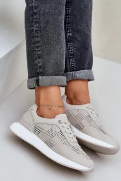 Skórzane Buty Sportowe Sneakersy Damskie S.Barski LR51-551 Beżowe