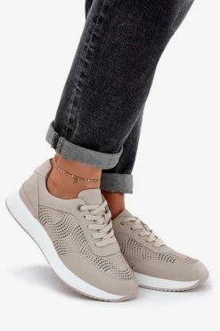 Skórzane Buty Sportowe Sneakersy Damskie S.Barski LR51-551 Beżowe