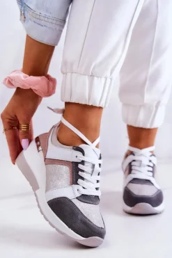 Skórzane Buty Sportowe Sneakersy Na Koturnie Srebrno-Szare Elissa