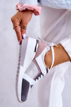 Skórzane Buty Sportowe Sneakersy Na Koturnie Srebrno-Szare Elissa