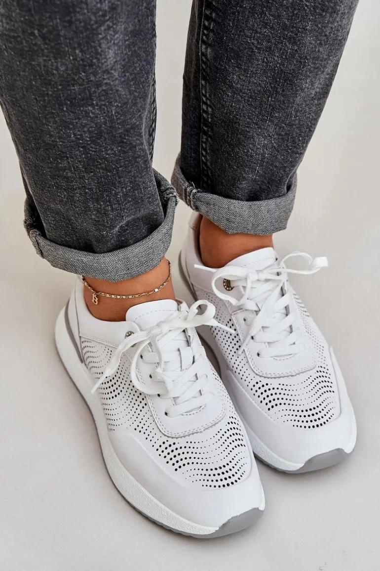 Skórzane Buty Sportowe Sneakersy Damskie S.Barski LR51-551 Białe