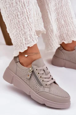 Skórzane Buty Sportowe Sneakersy Na Platformie Z Zamkiem Vinceza 88019 Ciemnobeżowe