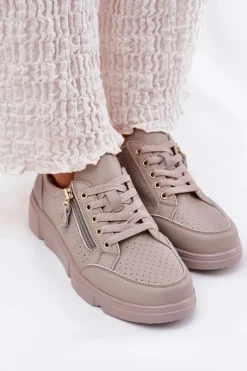 Skórzane Buty Sportowe Sneakersy Na Platformie Z Zamkiem Vinceza 88019 Ciemnobeżowe