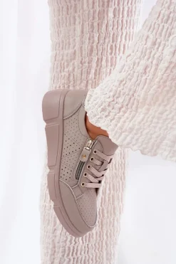 Skórzane Buty Sportowe Sneakersy Na Platformie Z Zamkiem Vinceza 88019 Ciemnobeżowe