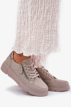 Skórzane Buty Sportowe Sneakersy Na Platformie Z Zamkiem Vinceza 88019 Ciemnobeżowe