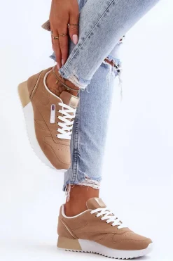 Skórzane Buty Sportowe Sznurowane Na Platformie Beżowe Merida