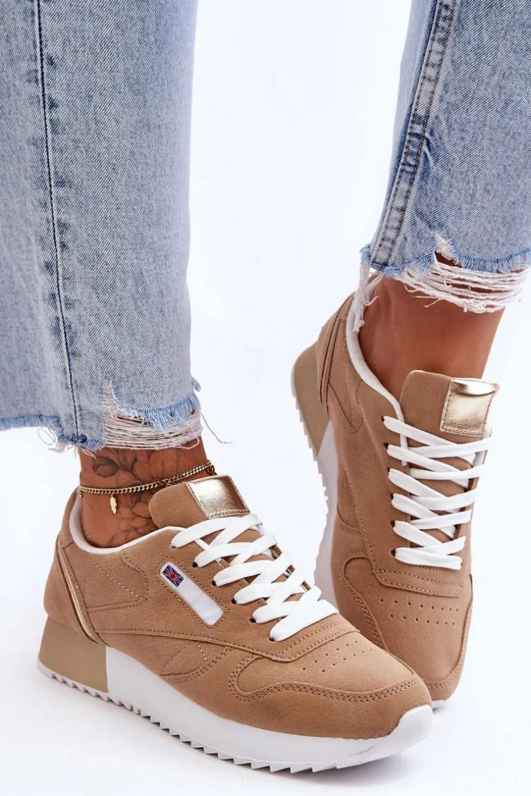 Skórzane Buty Sportowe Sznurowane Na Platformie Beżowe Merida