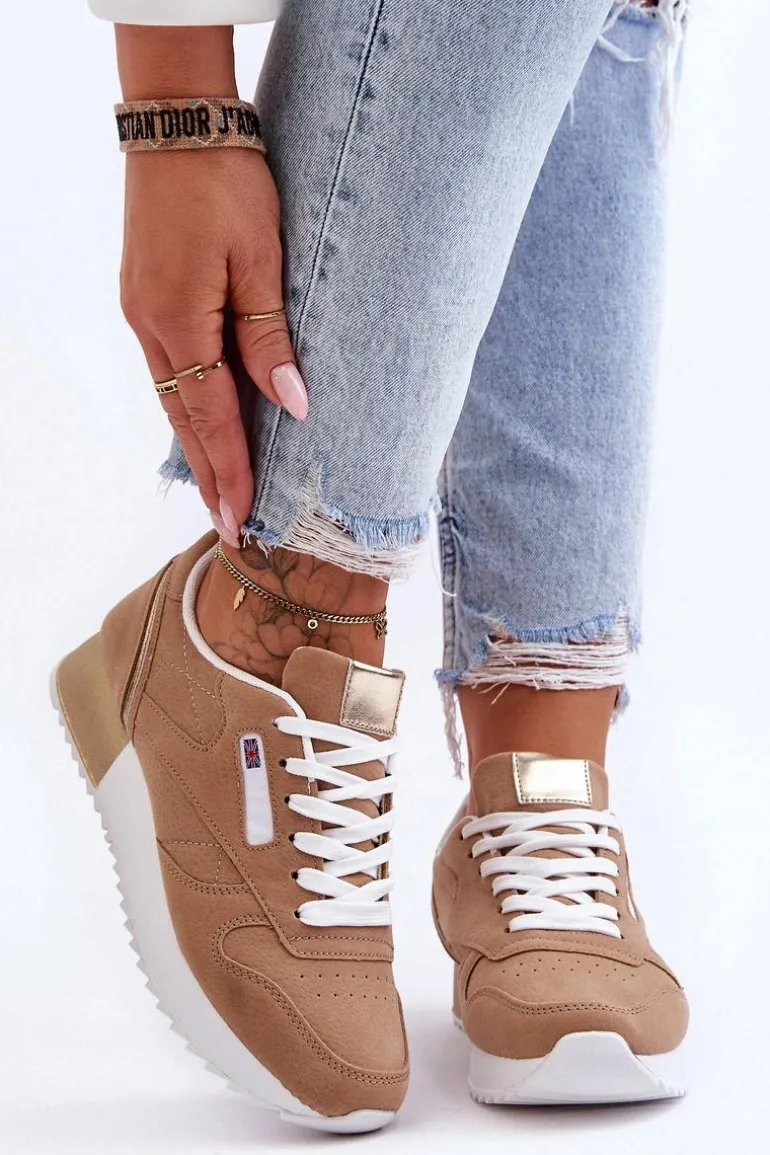 Skórzane Buty Sportowe Sznurowane Na Platformie Beżowe Merida