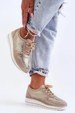 Skórzane Buty Sportowe Z Perforacją S.Barski AL22246 Złote