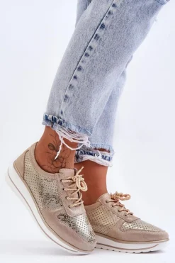 Skórzane Buty Sportowe Z Perforacją S.Barski AL22246 Złote