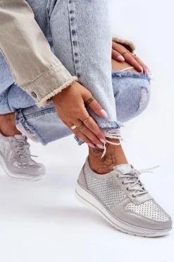 Skórzane Buty Sportowe Z Perforacją S.Barski AL22246 Srebrne