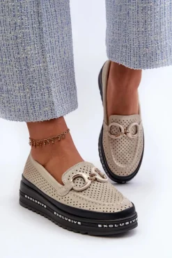 Skórzane Błyszczące Mokasyny Damskie Na Platformie Z Ozdobą S.Barski LR750 Złote