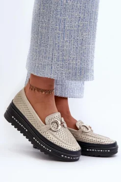 Skórzane Błyszczące Mokasyny Damskie Na Platformie Z Ozdobą S.Barski LR750 Złote