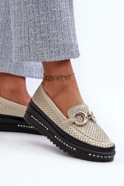 Skórzane Błyszczące Mokasyny Damskie Na Platformie Z Ozdobą S.Barski LR750 Złote