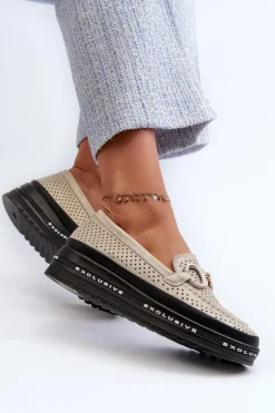 Skórzane Błyszczące Mokasyny Damskie Na Platformie Z Ozdobą S.Barski LR750 Złote