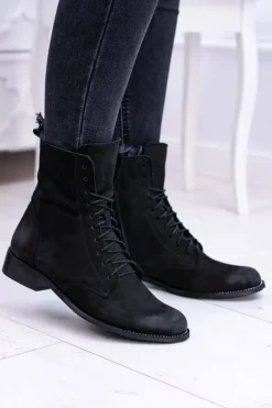 Skórzane Czarne Damskie Botki The Island