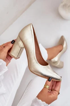 Skórzane Czółenka Lewski 3117 Złote