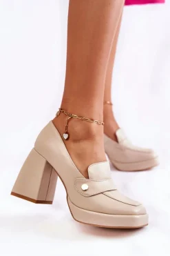 Skórzane Czółenka Lewski Shoes 3195/2 Beżowe