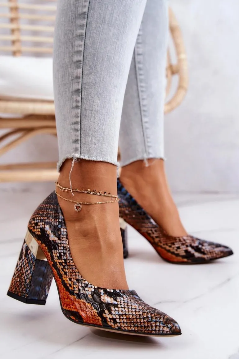 Skórzane Czółenka Lewski Wężowe 3117 Pomarańczowo-Brązowe