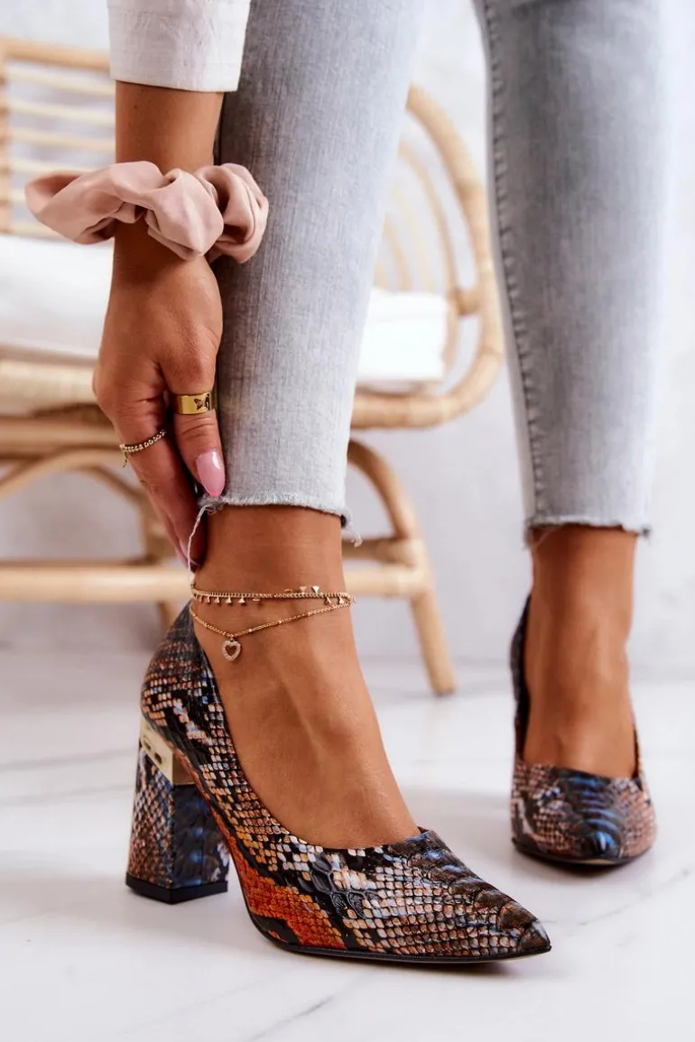 Skórzane Czółenka Lewski Wężowe 3117 Pomarańczowo-Brązowe