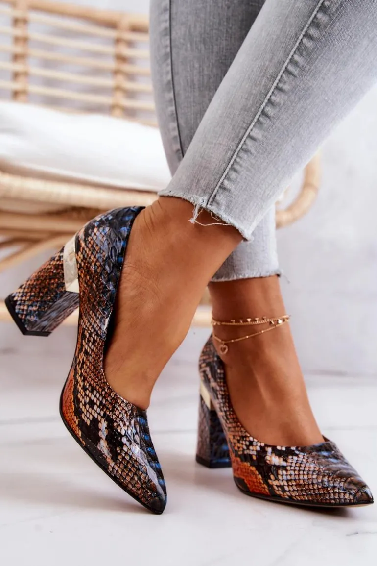 Skórzane Czółenka Lewski Wężowe 3117 Pomarańczowo-Brązowe