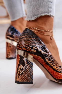 Skórzane Czółenka Lewski Wężowe 3117 Pomarańczowo-Brązowe