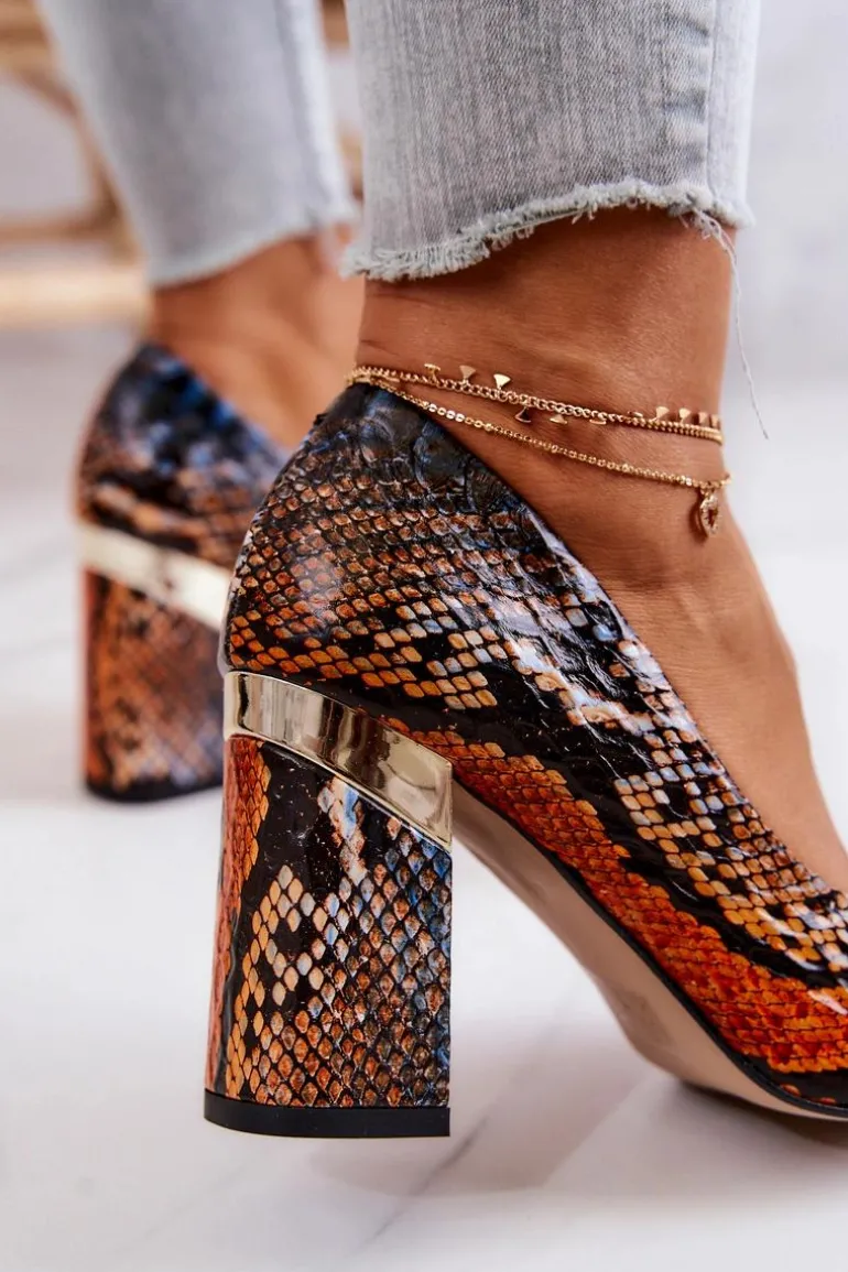 Skórzane Czółenka Lewski Wężowe 3117 Pomarańczowo-Brązowe