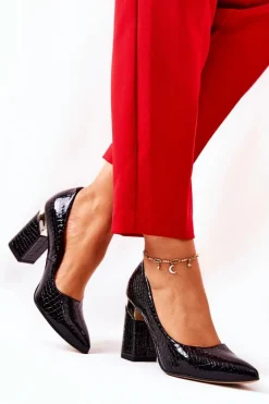 Skórzane Czółenka Lewski Wężowe 3117 Czarne