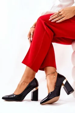 Skórzane Czółenka Lewski Wężowe 3117 Czarne