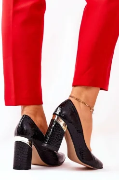 Skórzane Czółenka Lewski Wężowe 3117 Czarne