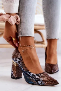 Skórzane Czółenka Lewski Wężowe 3117 Brązowo-Niebieskie