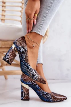 Skórzane Czółenka Lewski Wężowe 3117 Brązowo-Niebieskie