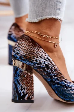 Skórzane Czółenka Lewski Wężowe 3117 Brązowo-Niebieskie