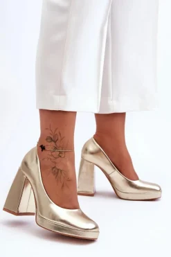 Skórzane Czółenka Na Masywnym Obcasie Złote Rosalia