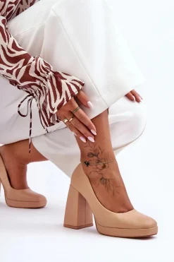 Skórzane Czółenka Na Masywnym Obcasie Nude Rosalia