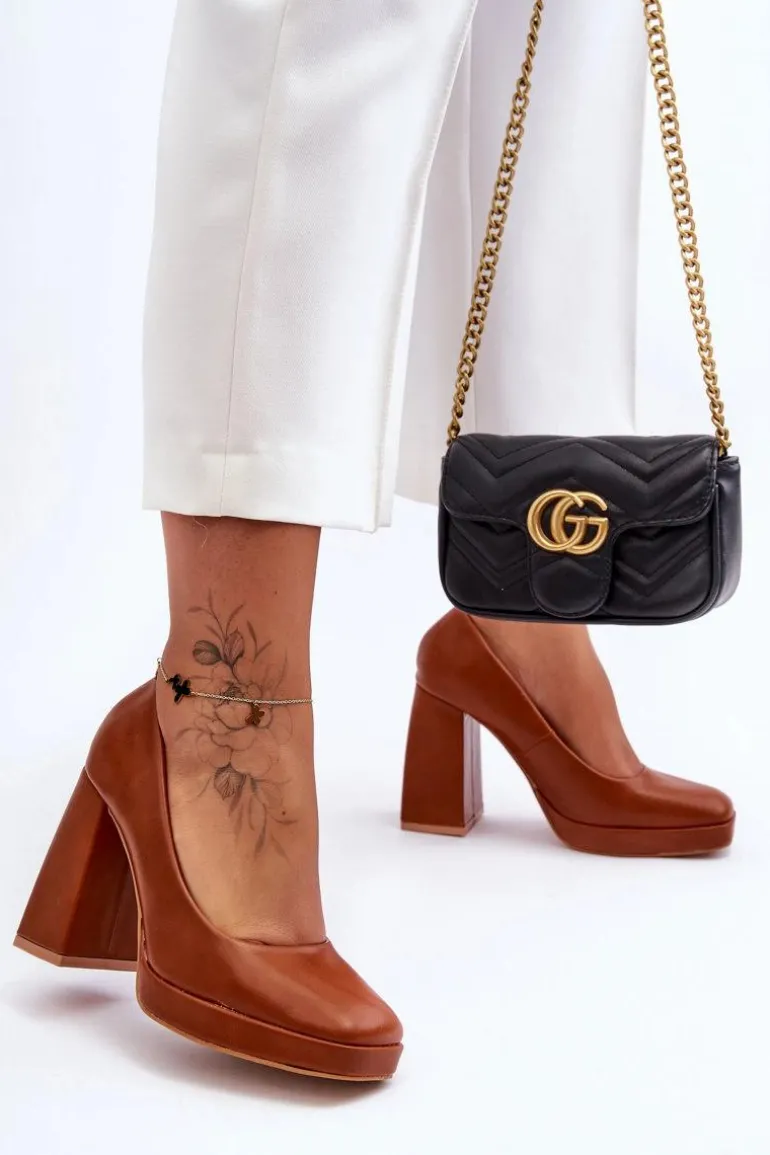 Skórzane Czółenka Na Masywnym Obcasie Camel Rosalia