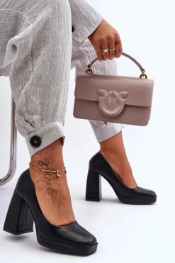 Skórzane Czółenka Na Masywnym Obcasie Czarne Rosalia