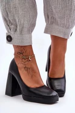 Skórzane Czółenka Na Masywnym Obcasie Czarne Rosalia