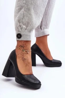 Skórzane Czółenka Na Masywnym Obcasie Czarne Rosalia