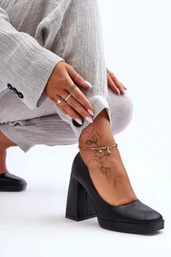 Skórzane Czółenka Na Masywnym Obcasie Czarne Rosalia