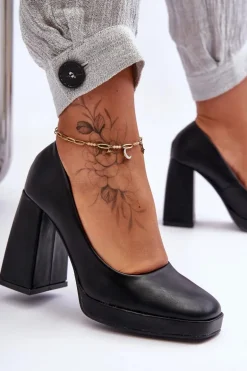 Skórzane Czółenka Na Masywnym Obcasie Czarne Rosalia